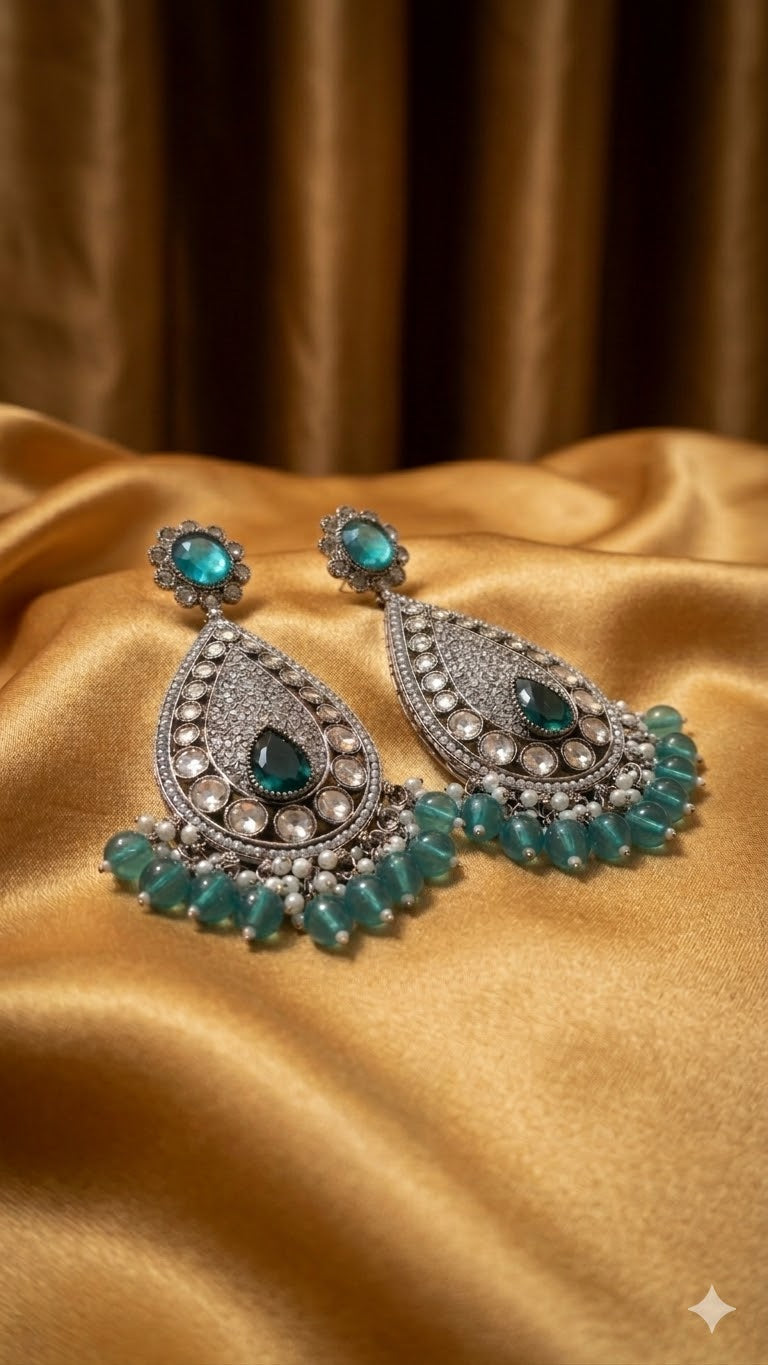 Vintage Teardrop Statement Earrings with Emerald Green Beads