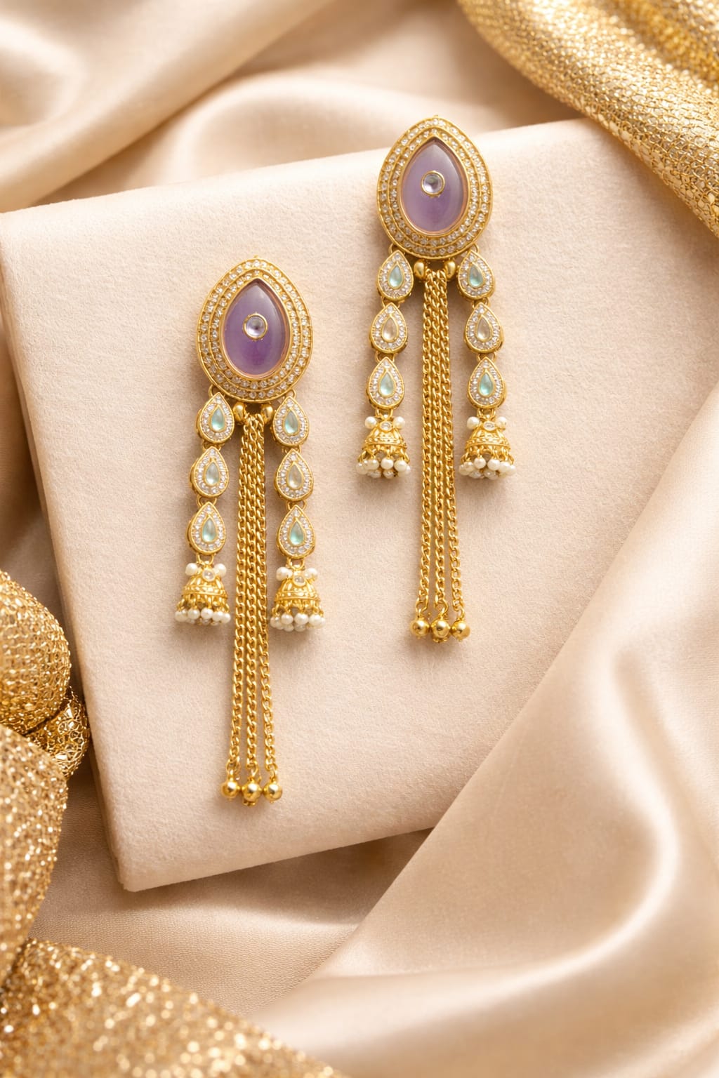 Royal Lavender Teardrop Gold Tassel Statement Earrings