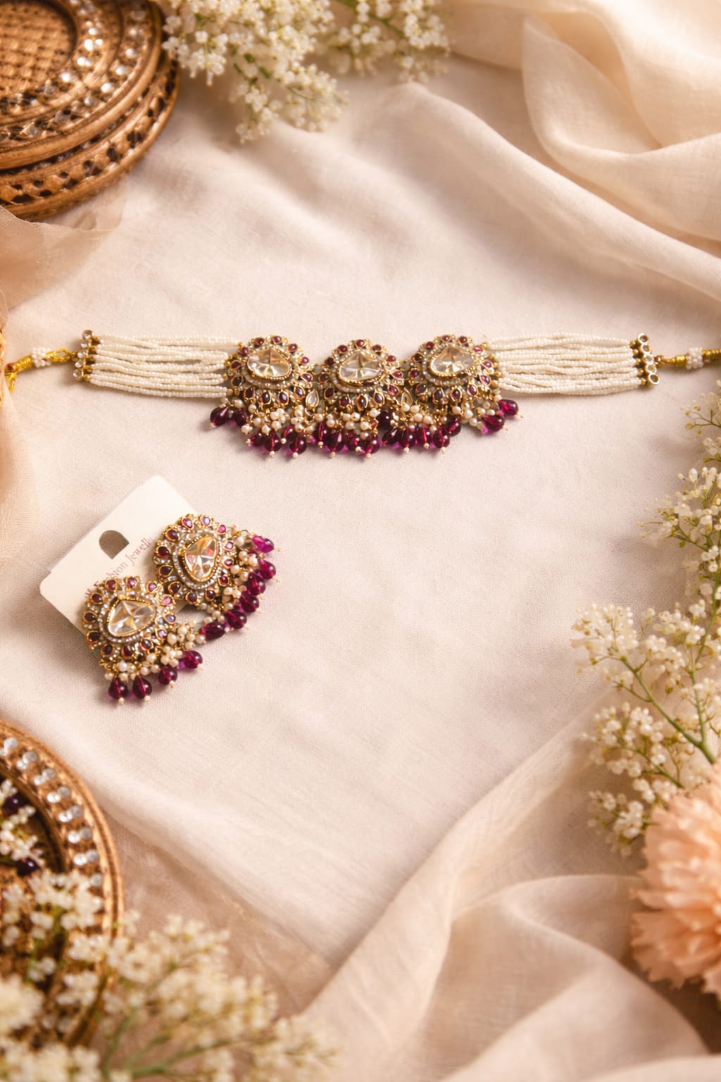 Royal Ruby Pink Kundan Choker Necklace Set with Earrings & Maang Tikka