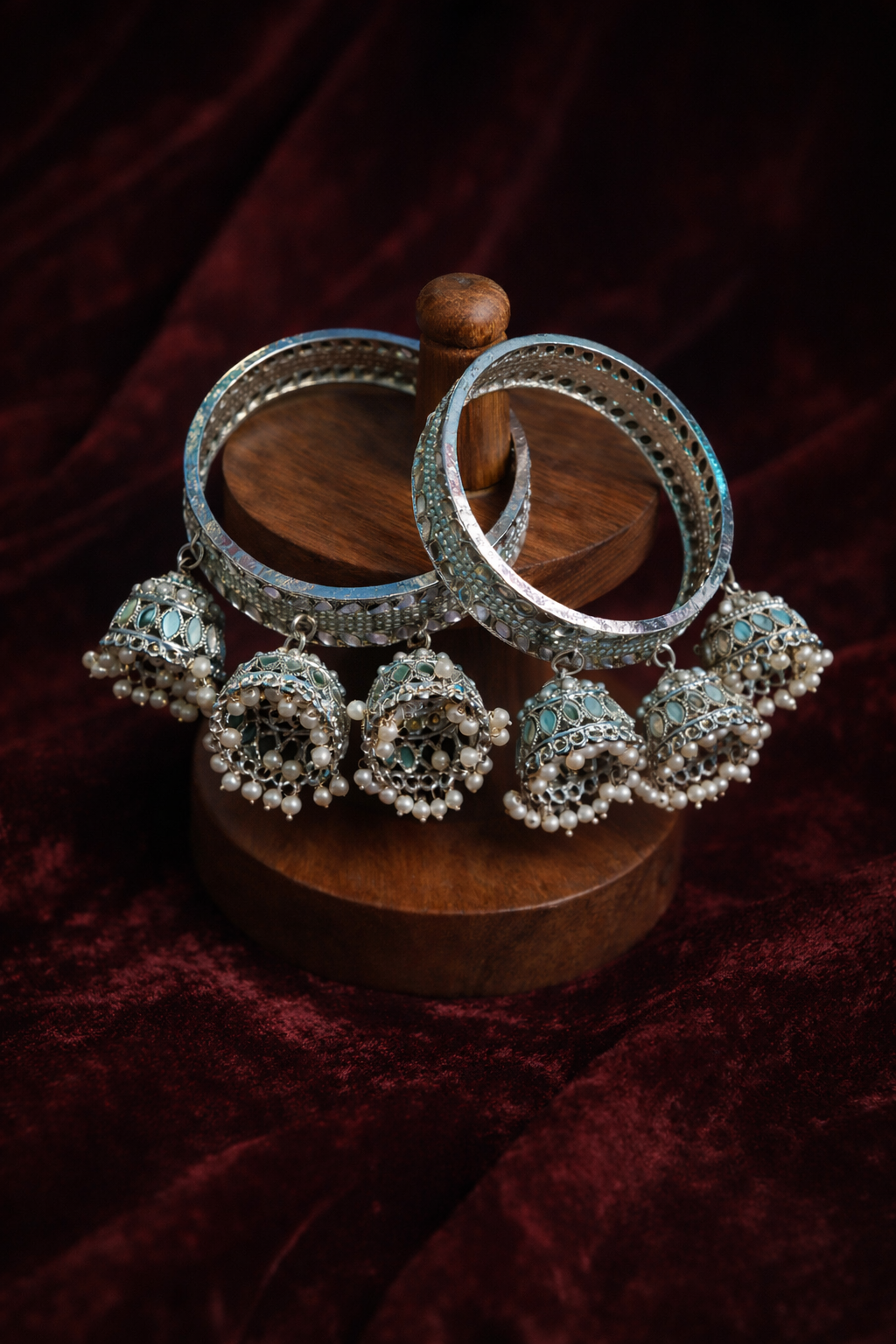 Elegant Silver Jhumka Charm Bangles with Pearl Detailing