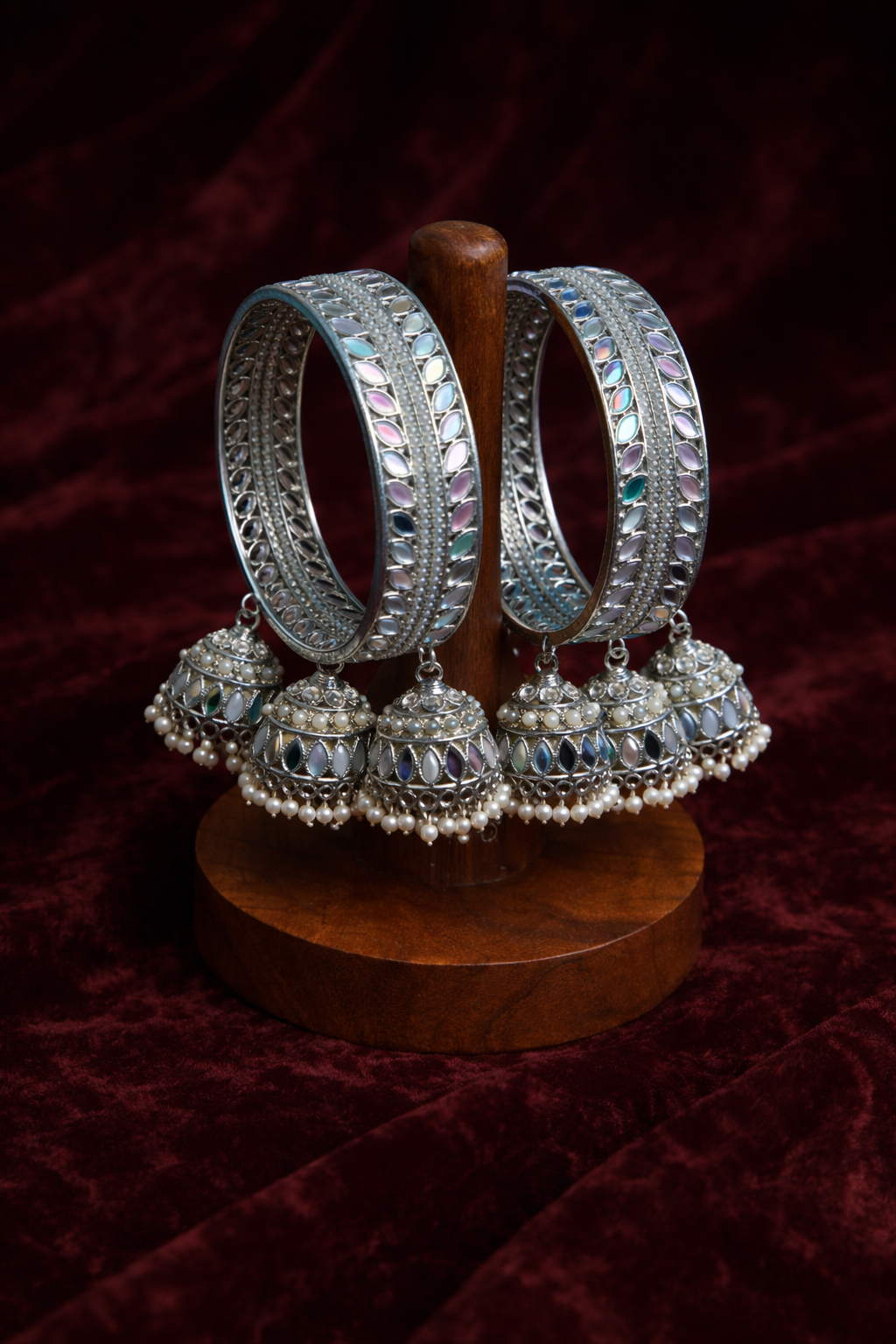 Elegant Silver Jhumka Charm Bangles with Pearl Detailing