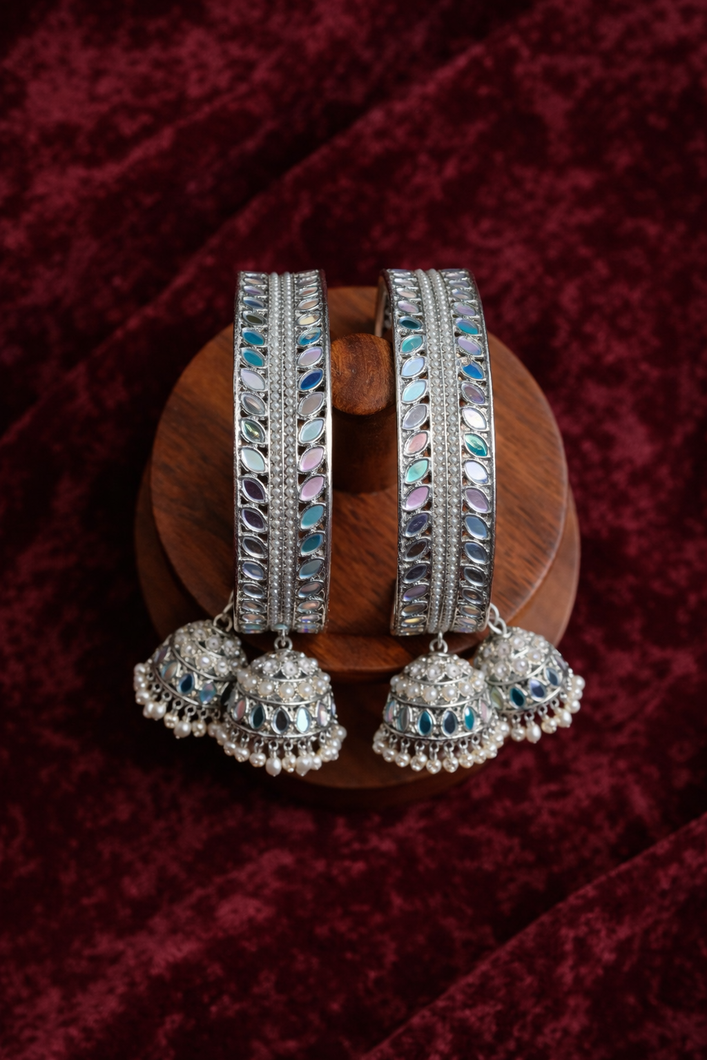 Elegant Silver Jhumka Charm Bangles with Pearl Detailing