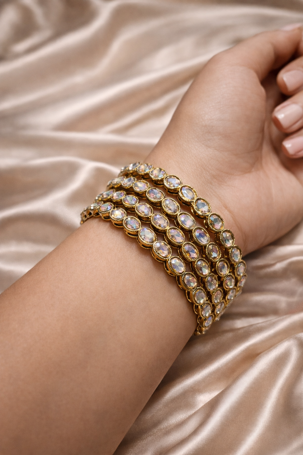 Elegant Oval Crystal Gold Bangles Set , 4 piece