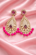 Royal Pink Kundan Teardrop Earrings with Beaded Drops