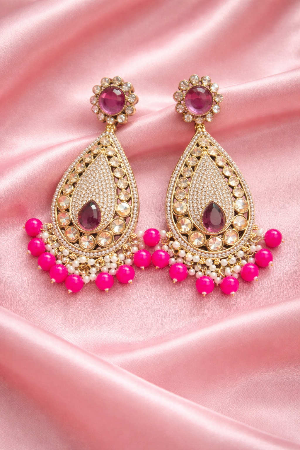 Royal Pink Kundan Teardrop Earrings with Beaded Drops