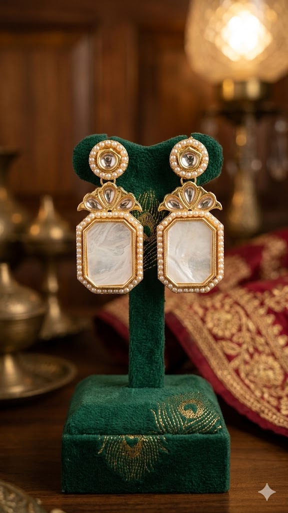 Customizable Pearl & Kundan-Style Rectangular Drop Earrings