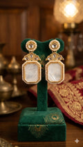 Customizable Pearl & Kundan-Style Rectangular Drop Earrings