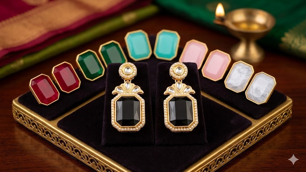 Customizable Pearl & Kundan-Style Rectangular Drop Earrings