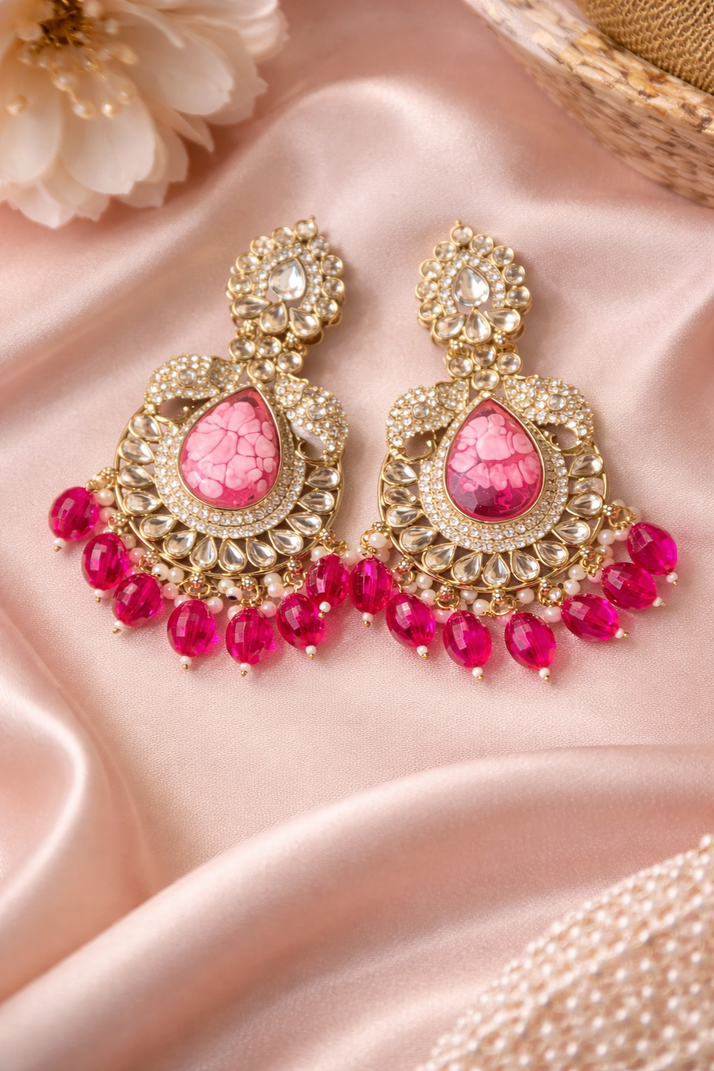 Elegant Pink Teardrop Kundan Chandelier Earrings