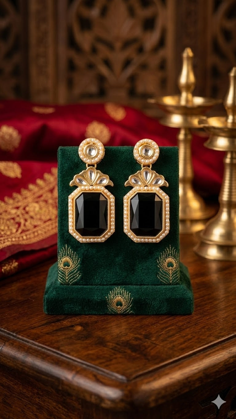 Customizable Pearl & Kundan-Style Rectangular Drop Earrings