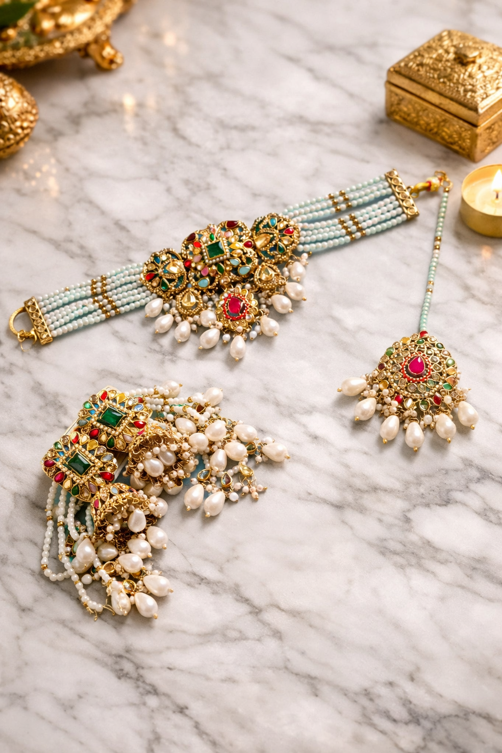 Royal Multicolor Kundan Pearl Choker Set with Earrings & Maang Tikka