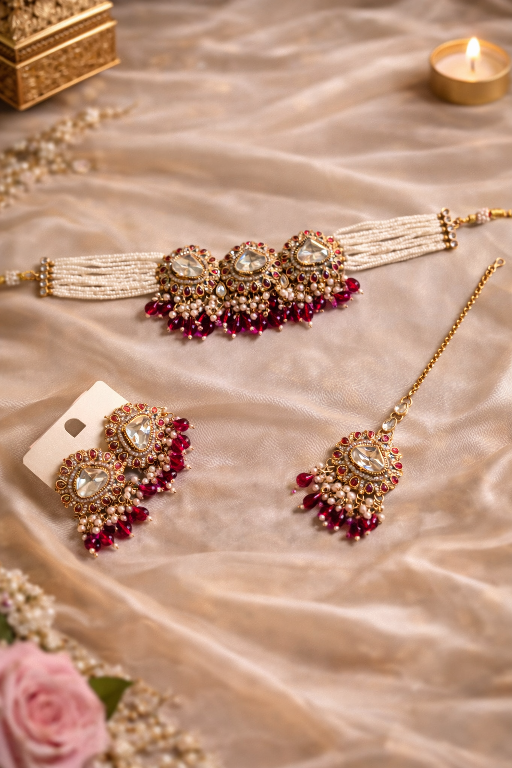 Royal Ruby Pink Kundan Choker Necklace Set with Earrings & Maang Tikka