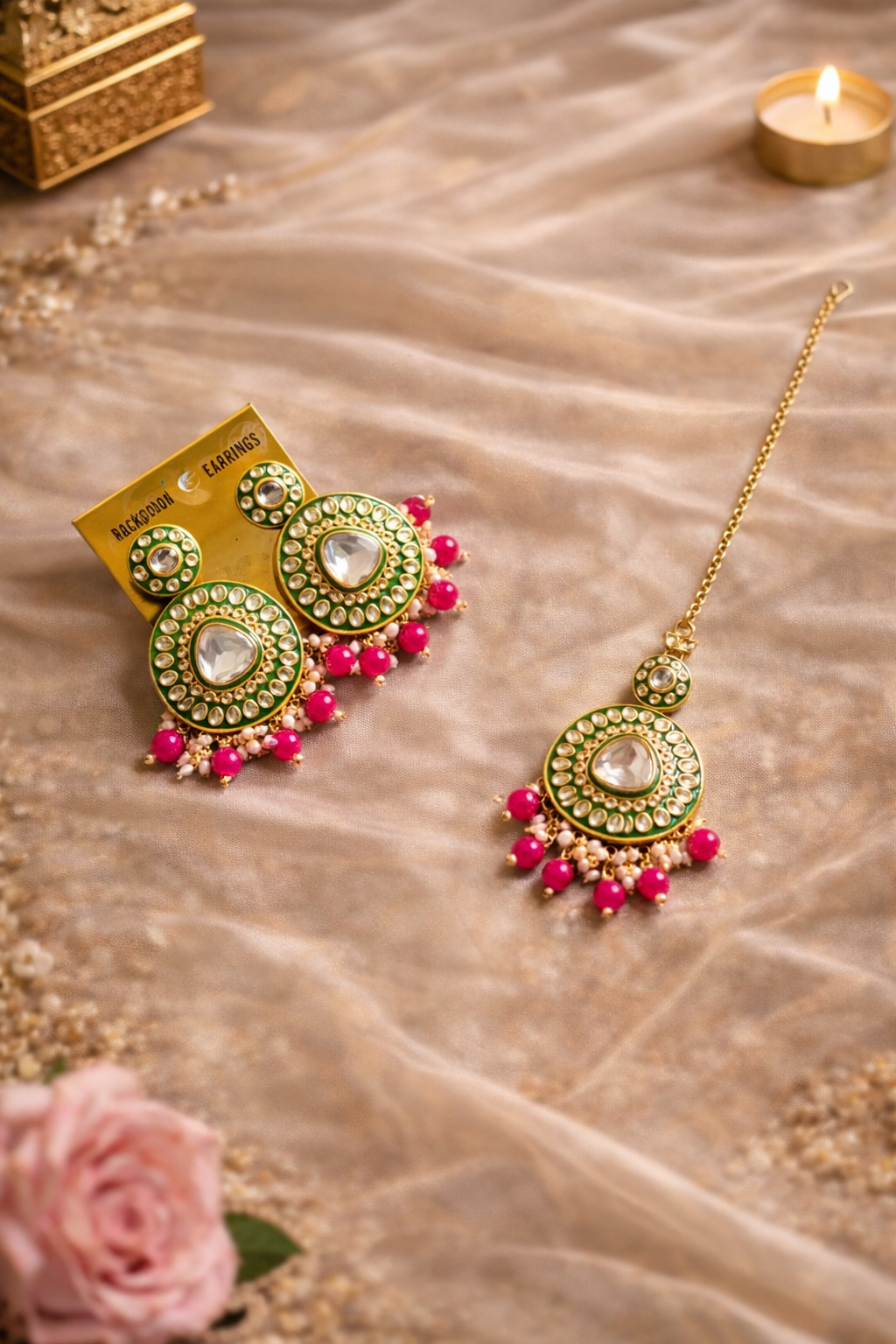 Royal Kundan Green & Pink Bridal Necklace Set with Maang Tikka and Earrings