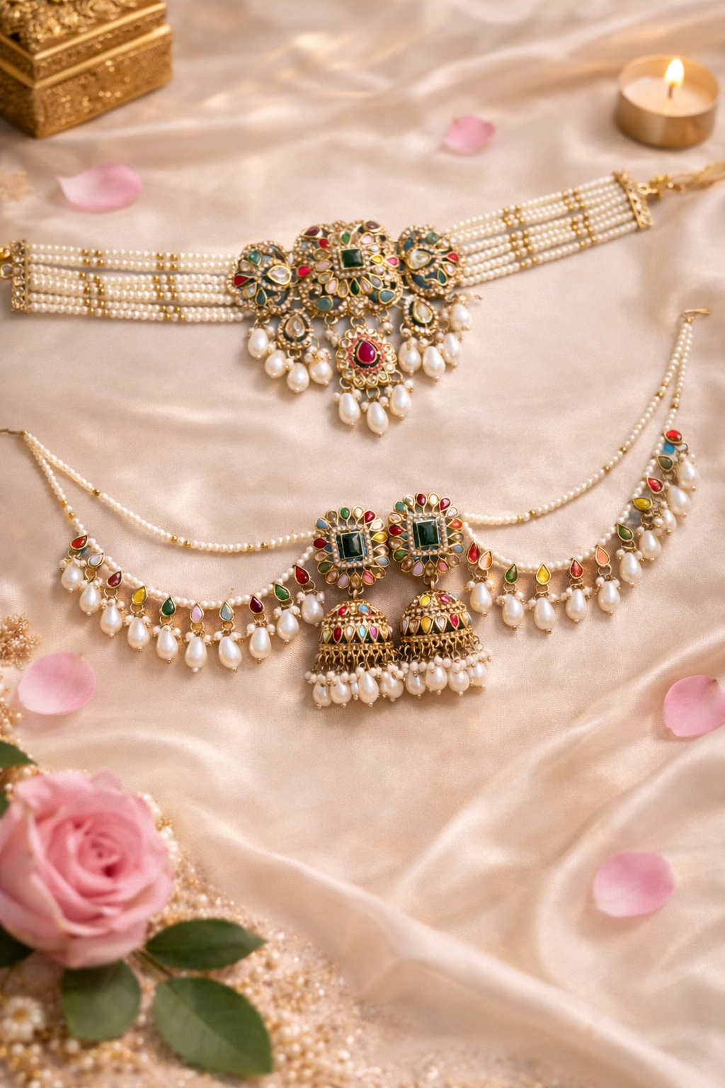Royal Multicolor Kundan Pearl Choker Set with Earrings & Maang Tikka