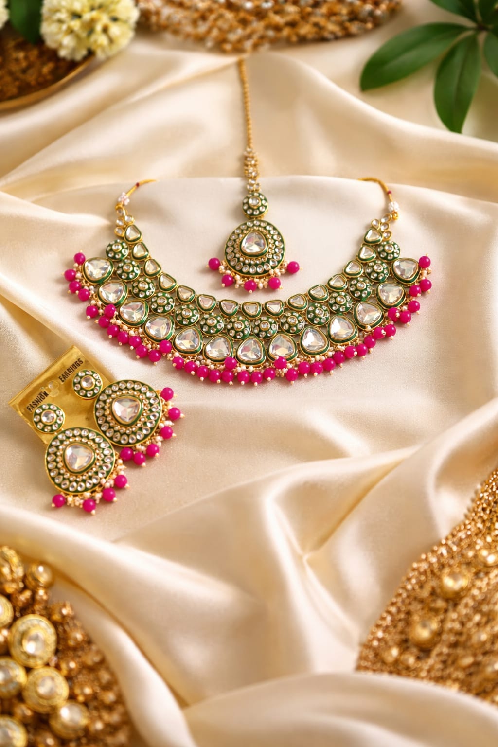 Royal Kundan Green & Pink Bridal Necklace Set with Maang Tikka and Earrings