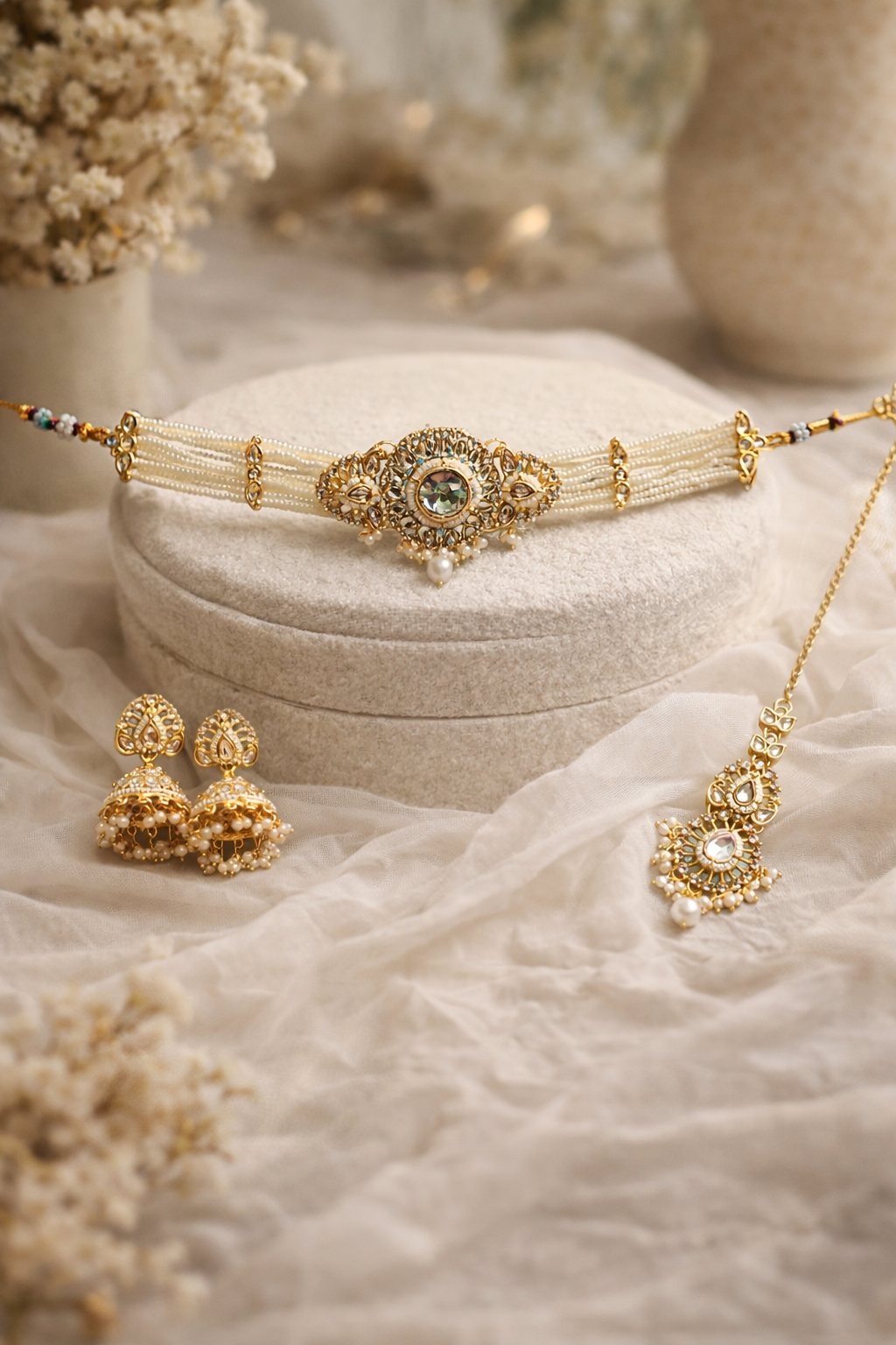 Elegant Pearl Kundan Choker Necklace Set with Jhumka Earrings