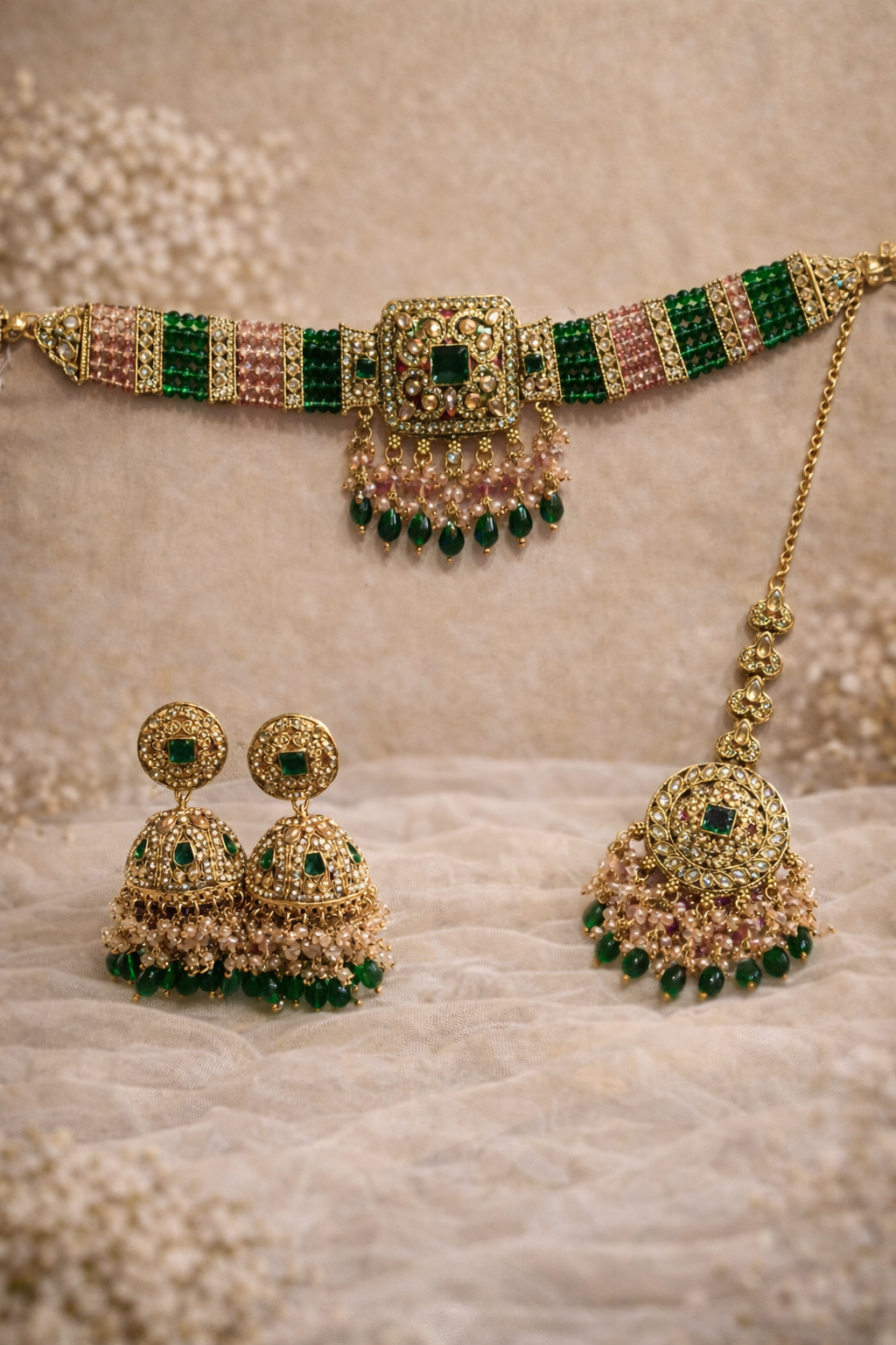 Royal Green Kundan Choker Necklace Set with Jhumka Earrings & Maang Tikka