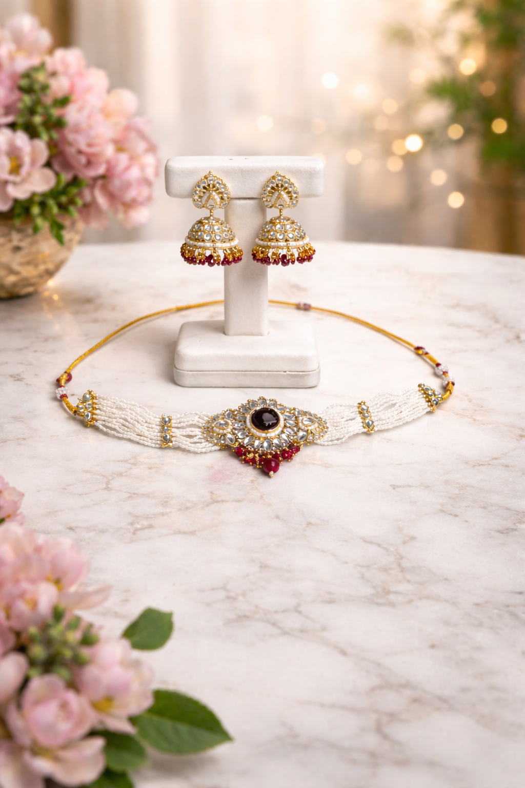 Royal Kundan Pearl Choker Jewellery Set with Jhumka Earrings & Maang Tikka