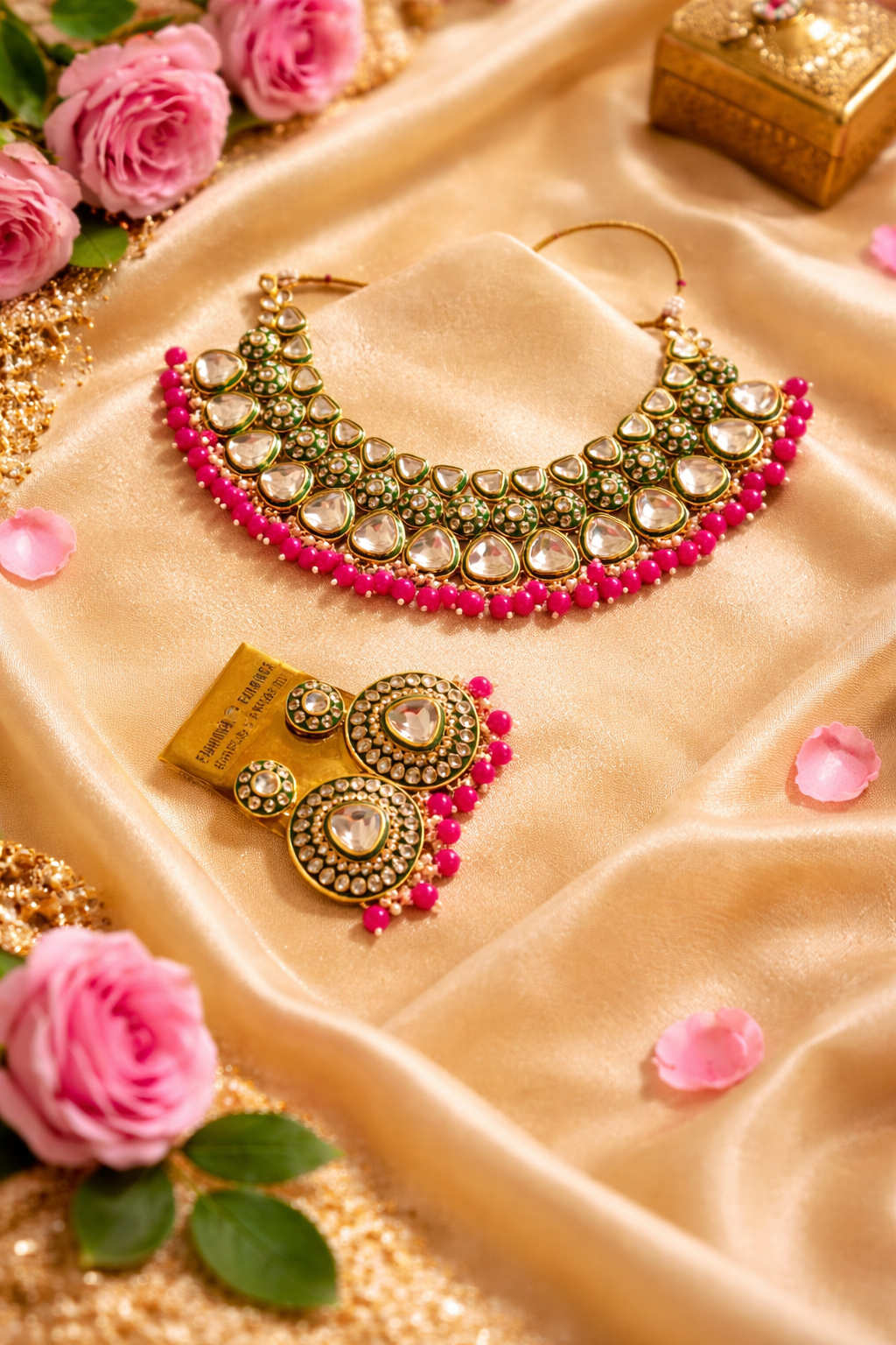 Royal Kundan Green & Pink Bridal Necklace Set with Maang Tikka and Earrings