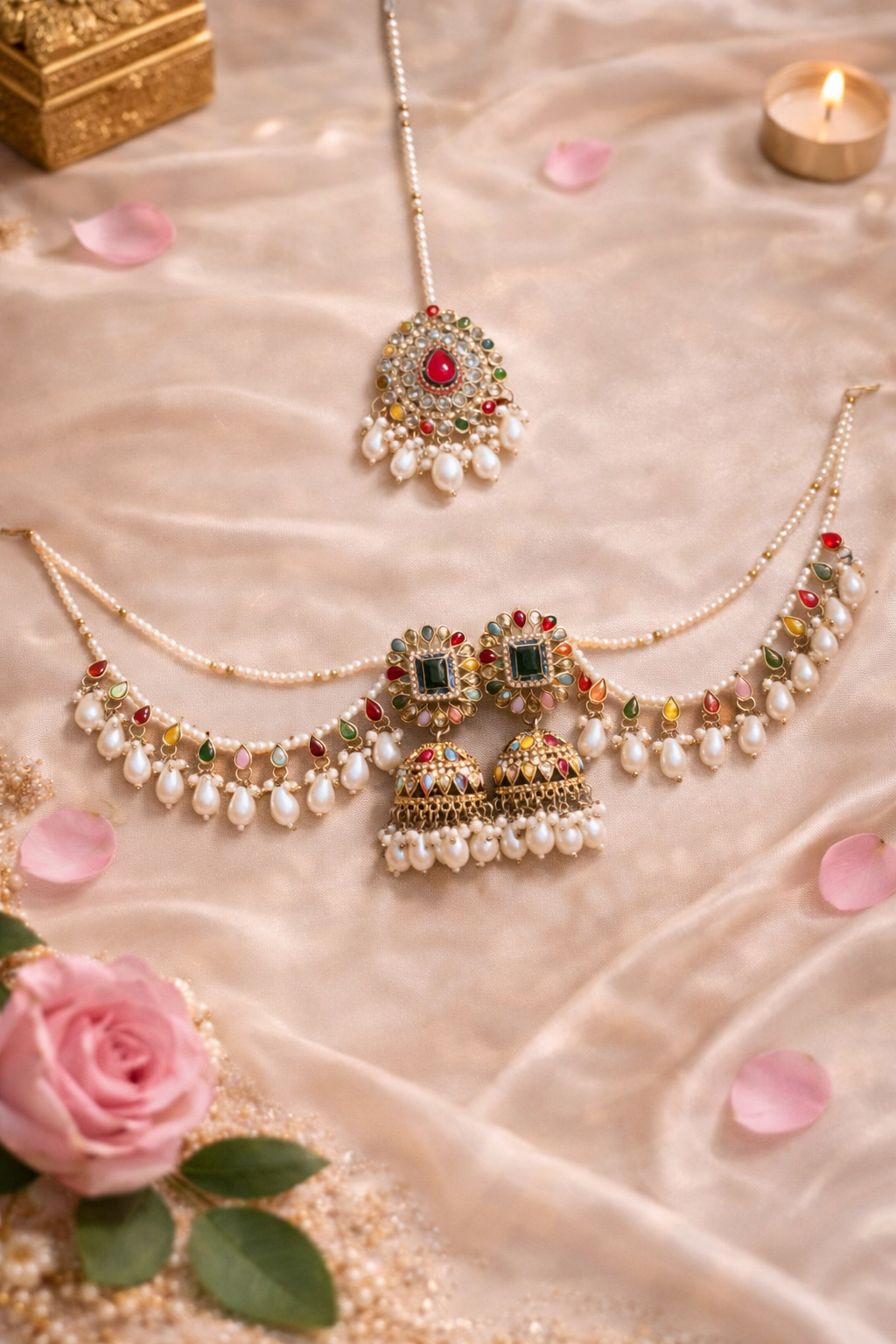 Royal Multicolor Kundan Pearl Choker Set with Earrings & Maang Tikka