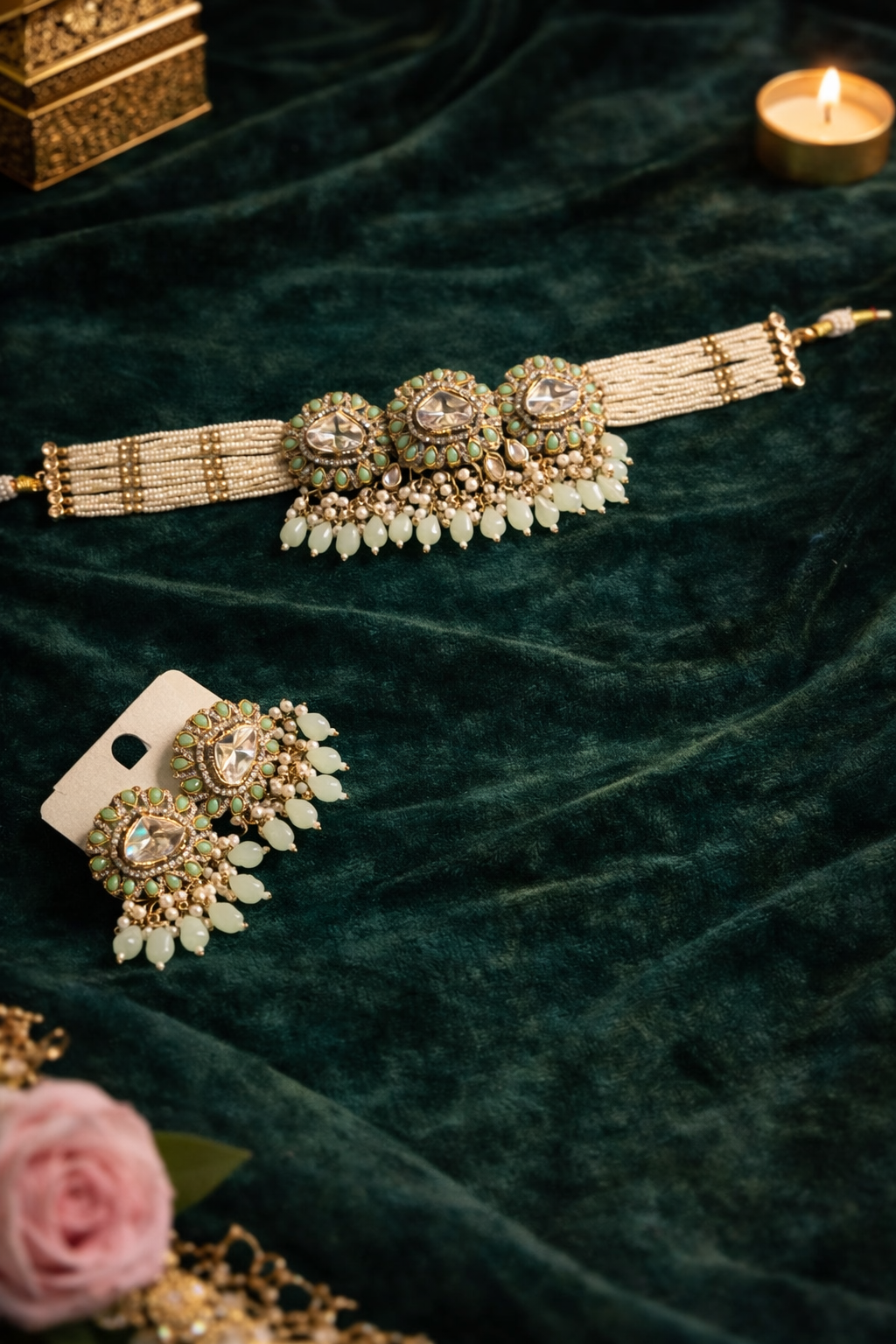 Royal Kundan Pearl Choker Necklace Set with Earrings & Maang Tikka