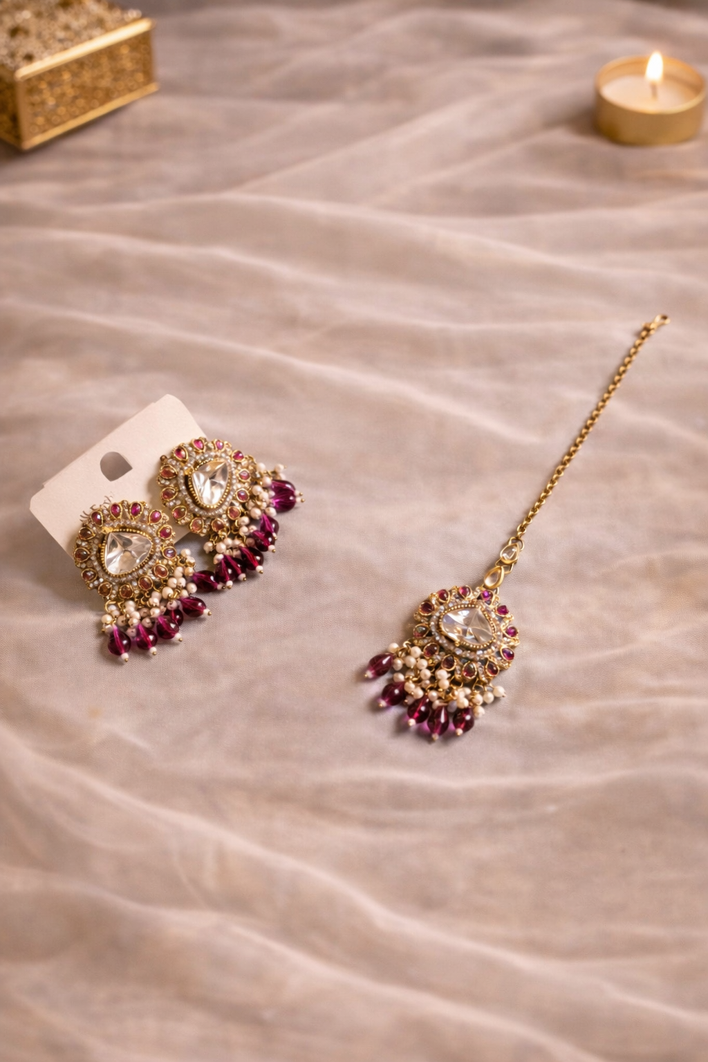 Royal Ruby Pink Kundan Choker Necklace Set with Earrings & Maang Tikka