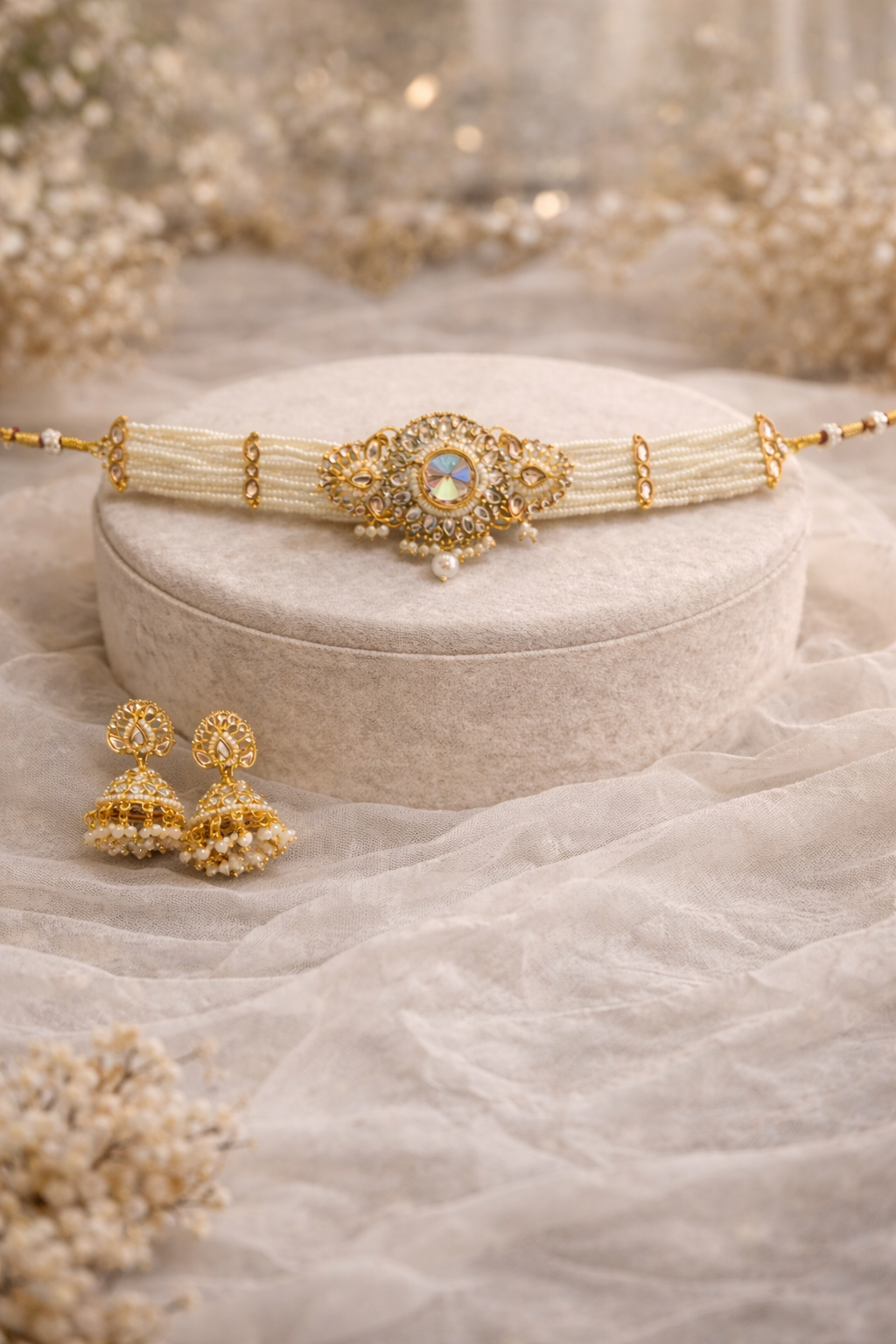 Elegant Pearl Kundan Choker Necklace Set with Jhumka Earrings