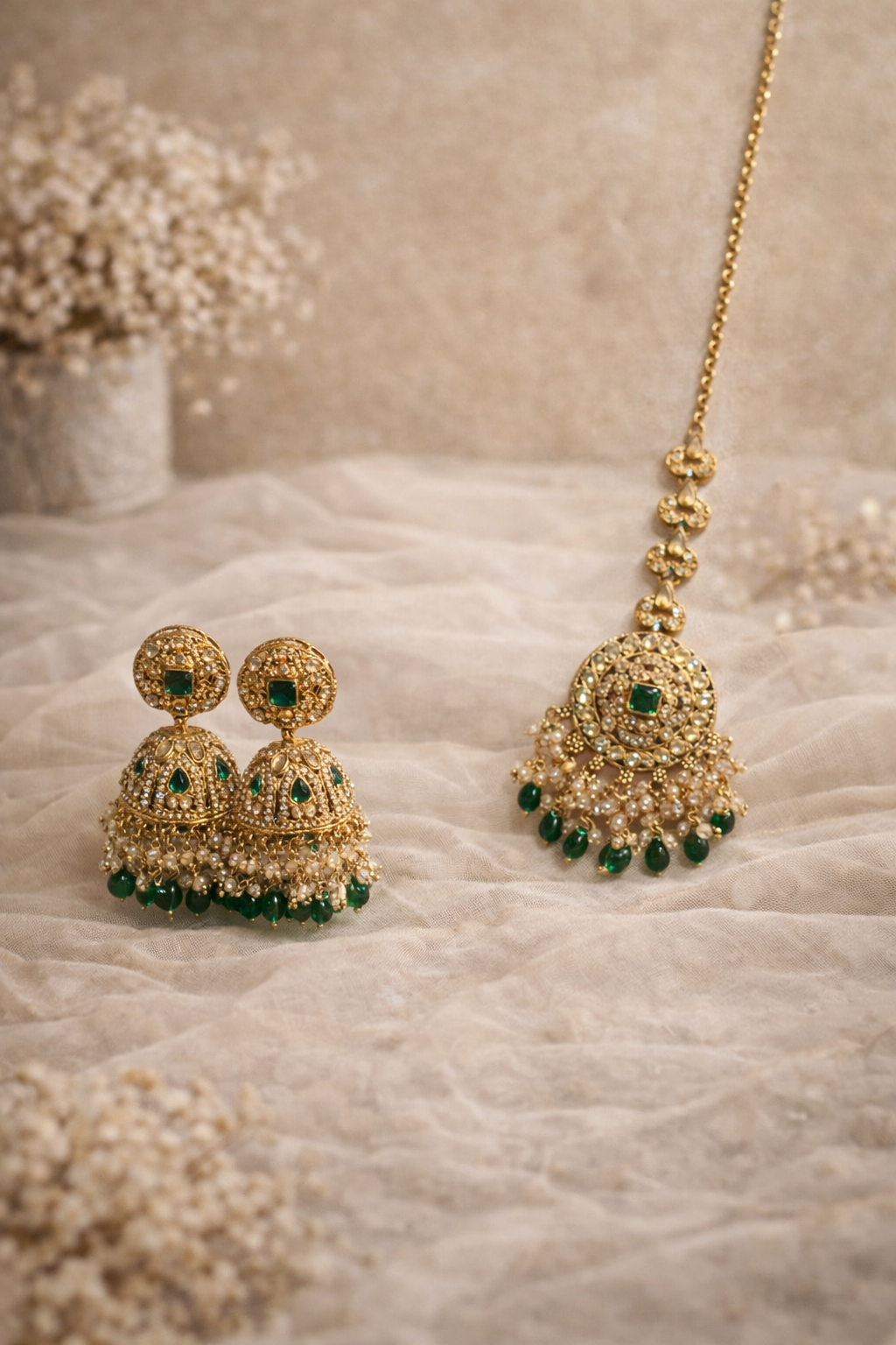 Royal Green Kundan Choker Necklace Set with Jhumka Earrings & Maang Tikka