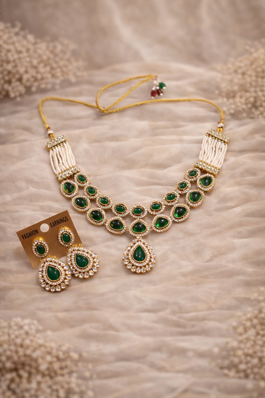 Elegant Green Kundan Earrings with Maang Tikka Set