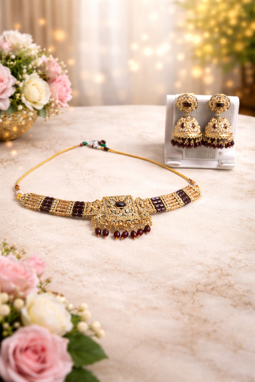 Royal Kundan Choker Necklace Set with Jhumka Earrings & Maang Tikka