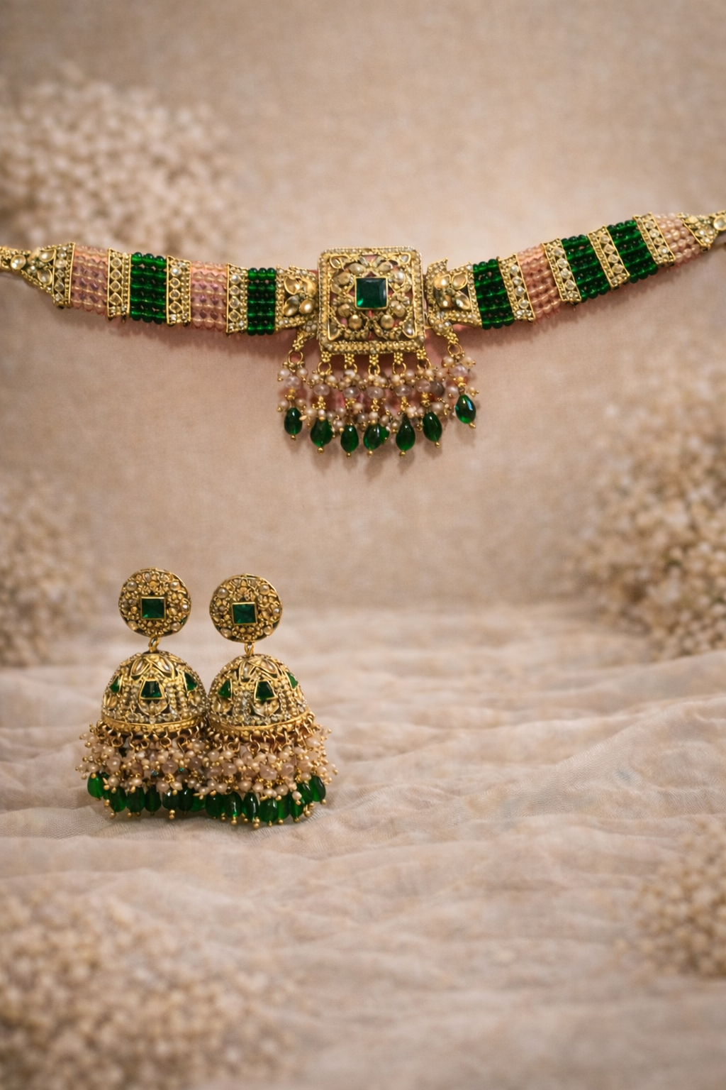 Royal Green Kundan Choker Necklace Set with Jhumka Earrings & Maang Tikka